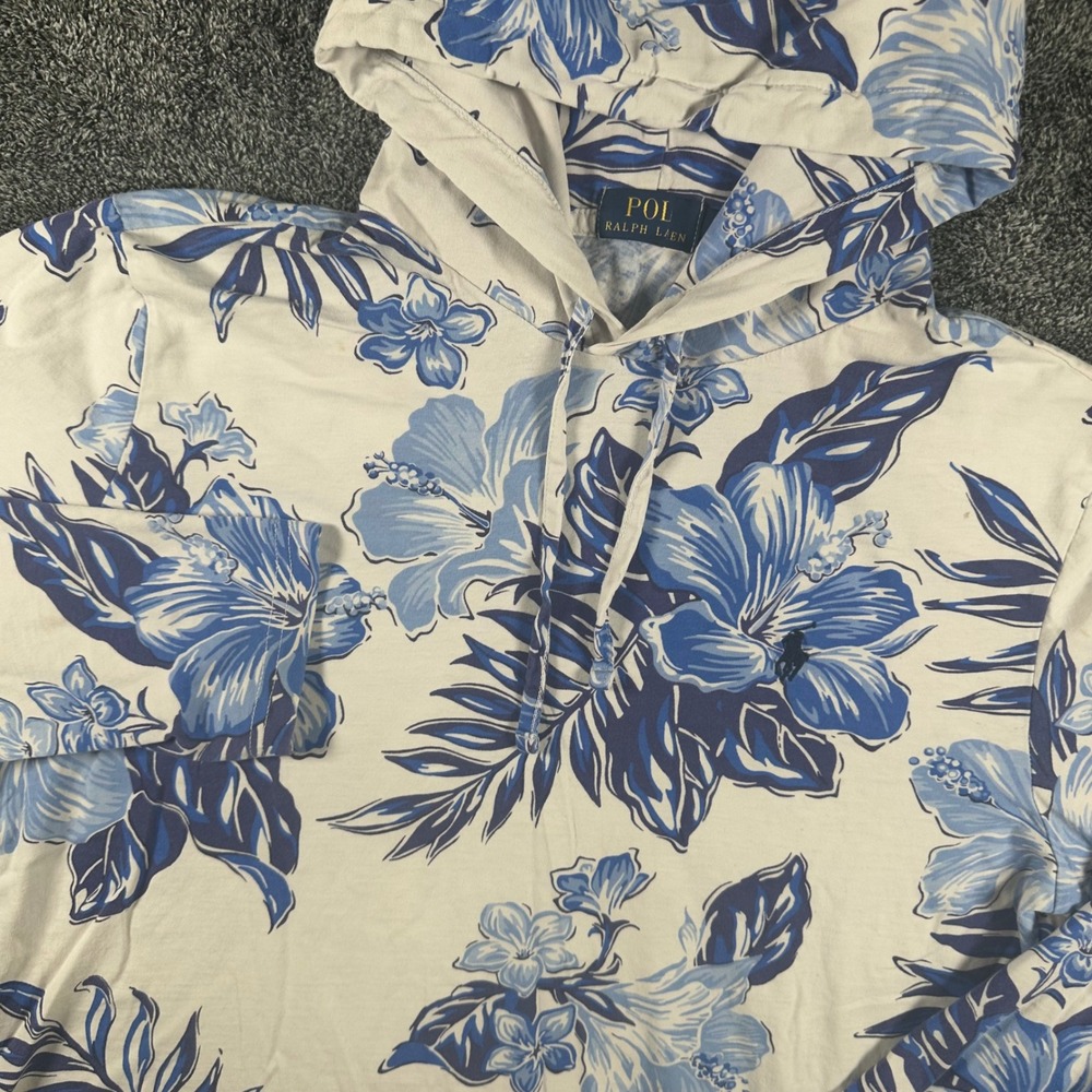 Polo Ralph Lauren Hooded Shirt Mens M Floral Hibiscus Blue White Cotton Pullover